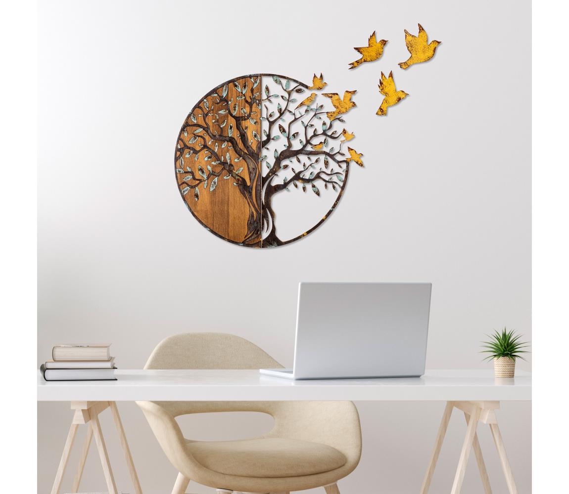  Nástěnná dekorace 92x71 cm strom a ptáci dřevo/kov 