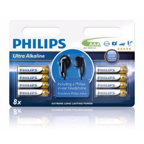 Philips LR03E8BHP - 8x Alkalická baterie AAA 1,5V + sluchátka