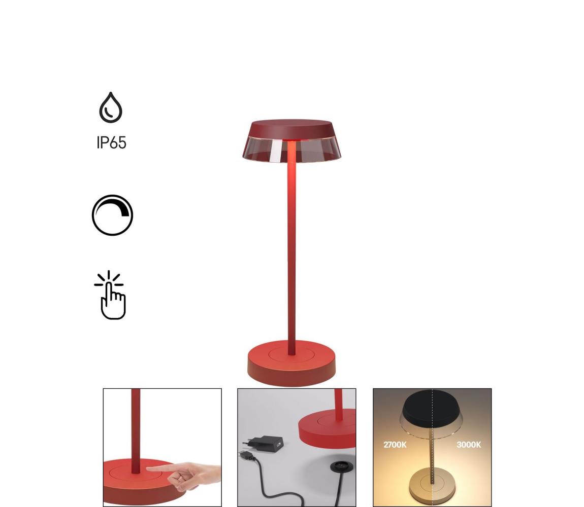 Redo Redo 90311- LED Stmívatelná stolní lampa ILUNA LED/2,5W/5V 3000 mAh IP65 červená 