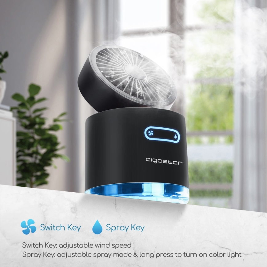 Aigostar - RGB Bezdrátový mini stolní ventilátor s mlhovým efektem MIST 10W/5V 2000mAh černá