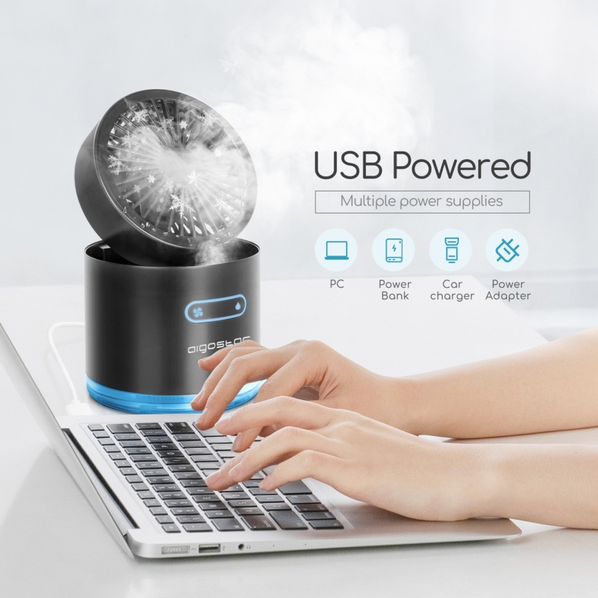 Aigostar - RGB Bezdrátový mini stolní ventilátor s mlhovým efektem MIST 10W/5V 2000mAh černá