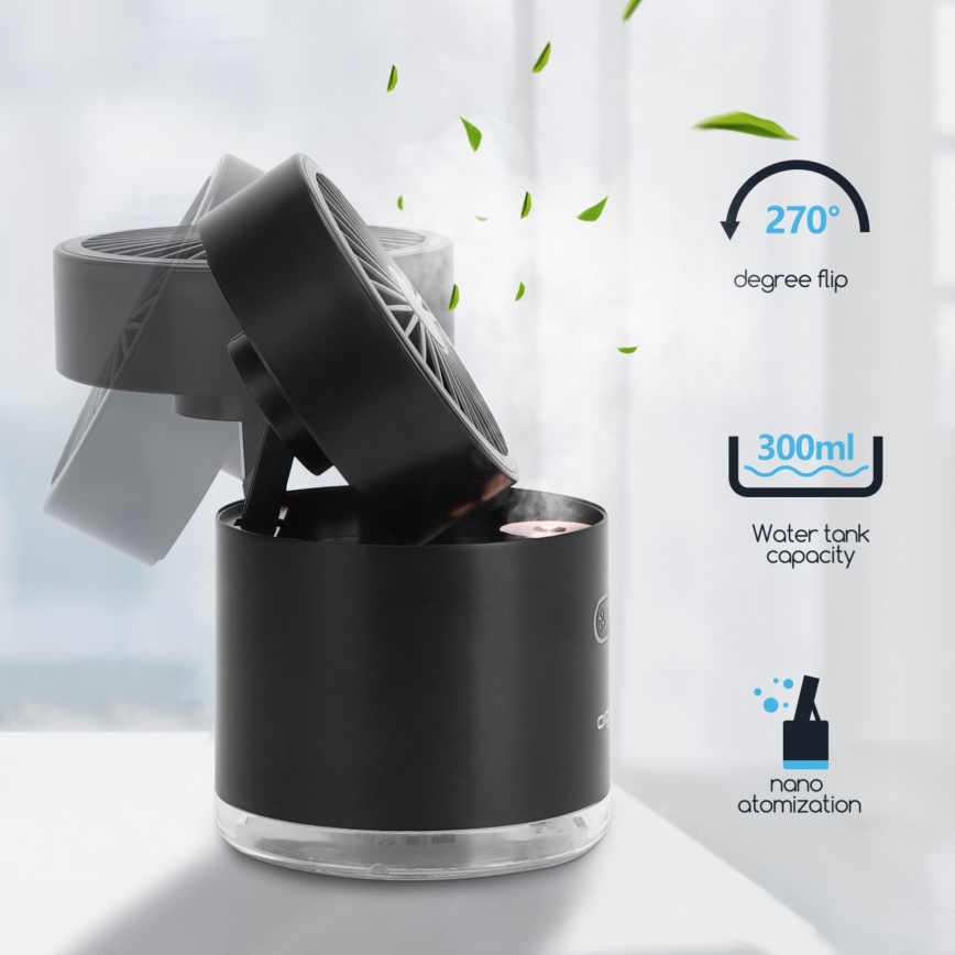 Aigostar - RGB Bezdrátový mini stolní ventilátor s mlhovým efektem MIST 10W/5V 2000mAh černá