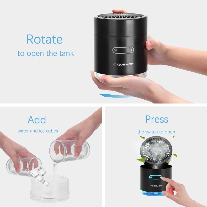 Aigostar - RGB Bezdrátový mini stolní ventilátor s mlhovým efektem MIST 10W/5V 2000mAh černá