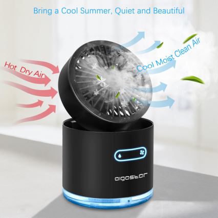 Aigostar - RGB Bezdrátový mini stolní ventilátor s mlhovým efektem MIST 10W/5V 2000mAh černá