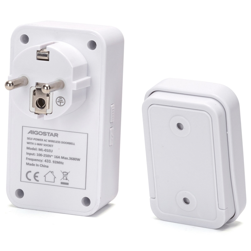 Aigostar - Bezdrátový zvonek do zásuvky 1Z 230V IPX4 bílá