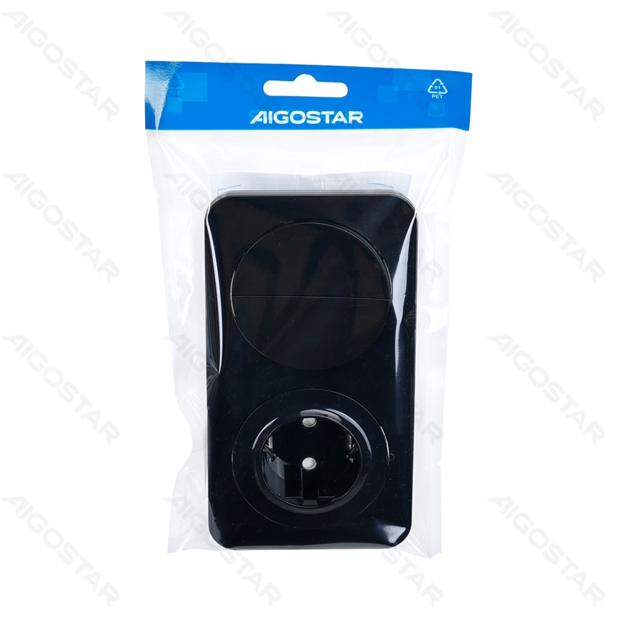 Aigostar - Dvojitý vypínač č. 5 a zásuvka SCHUKO 230V s rámečkem černá