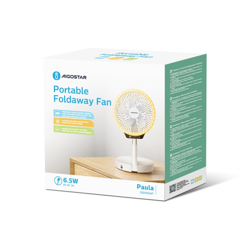 Aigostar - LED Bezdrátový skládací ventilátor s USB portem 6,5W/5V 8000 mAh pr. 20 cm