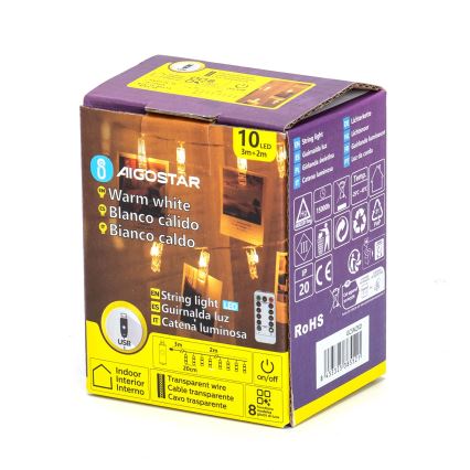 Aigostar - LED Dekorační řetěz 10xLED/5W/USB 5 m teplá bílá