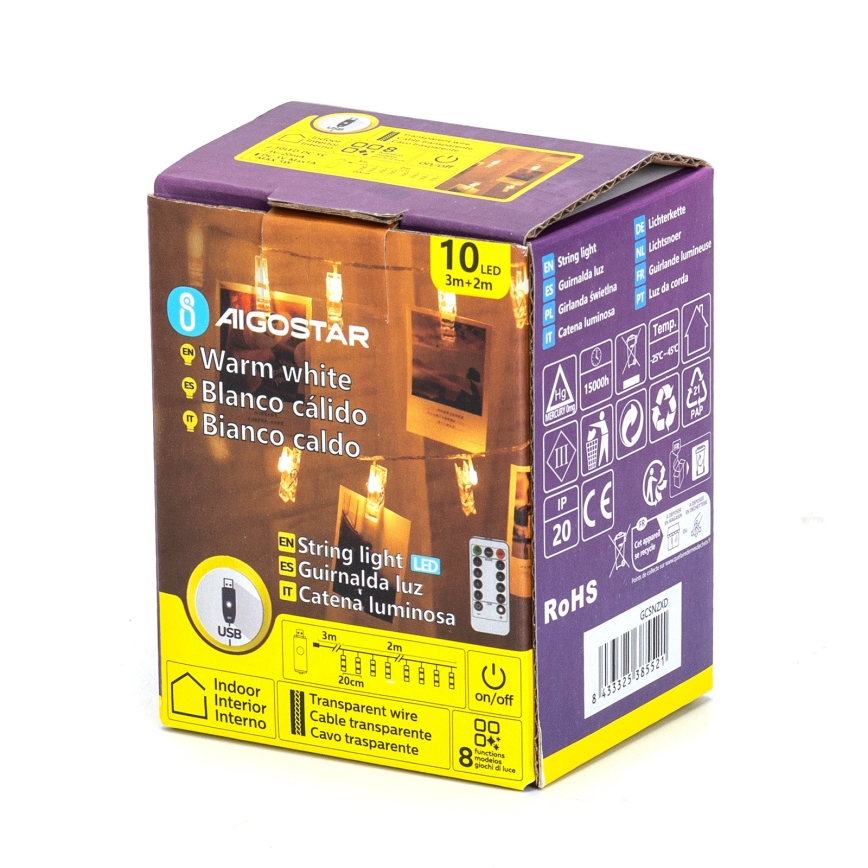 Aigostar - LED Dekorační řetěz 10xLED/5W/USB 5 m teplá bílá