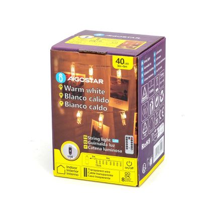 Aigostar - LED Dekorační řetěz 40xLED/5W/USB 9 m teplá bílá