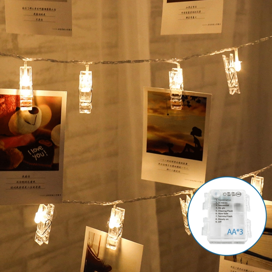 Aigostar - LED Dekorační řetěz s kolíčky 20xLED/3xAA 3,3m teplá bílá