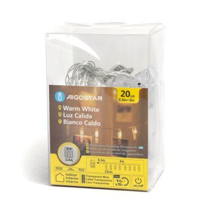 Aigostar - LED Dekorační řetěz s kolíčky 20xLED/3xAA 3,3m teplá bílá