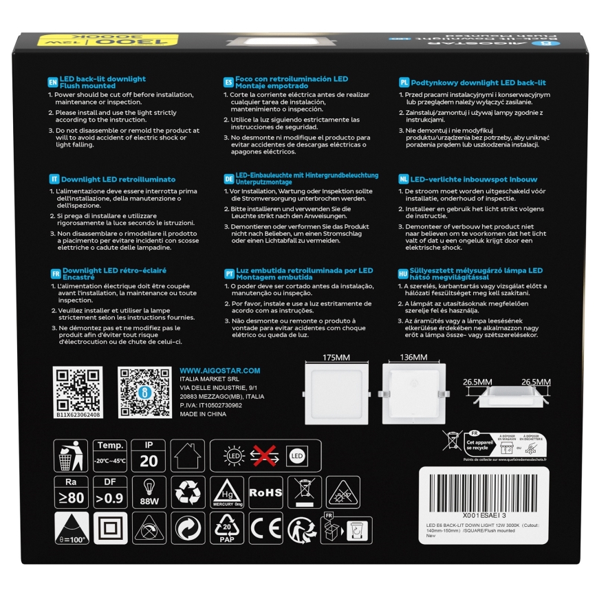 Aigostar - LED Podhledové svítidlo LED/12W/230V 3000K 17,5x17,5 cm bílá