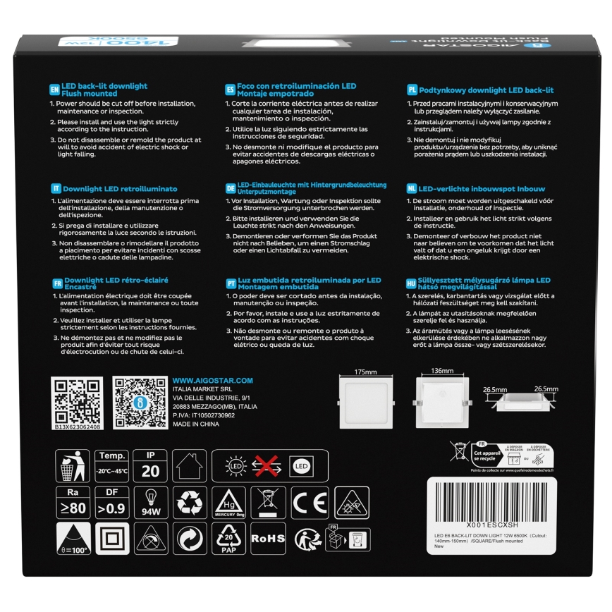 Aigostar - LED Podhledové svítidlo LED/12W/230V 6500K 17,5x17,5 cm bílá