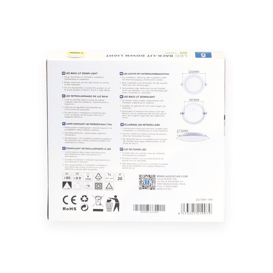 Aigostar - LED Podhledové svítidlo LED/18W/230V 3000K pr. 27,5 cm bílá