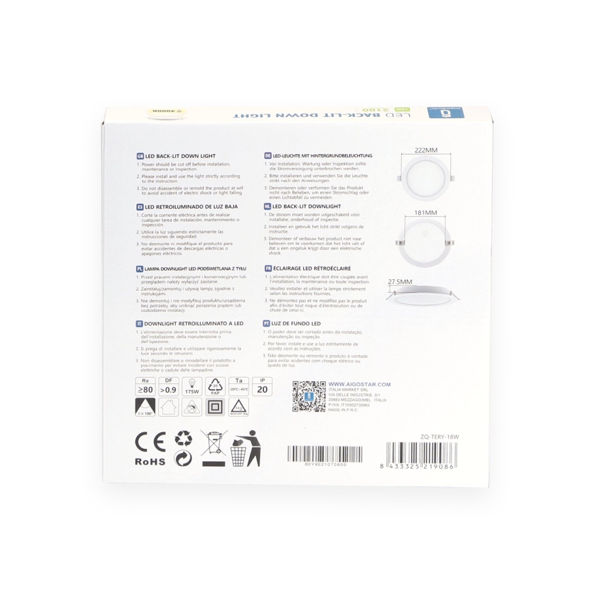 Aigostar - LED Podhledové svítidlo LED/18W/230V 4000K pr. 22 cm bílá