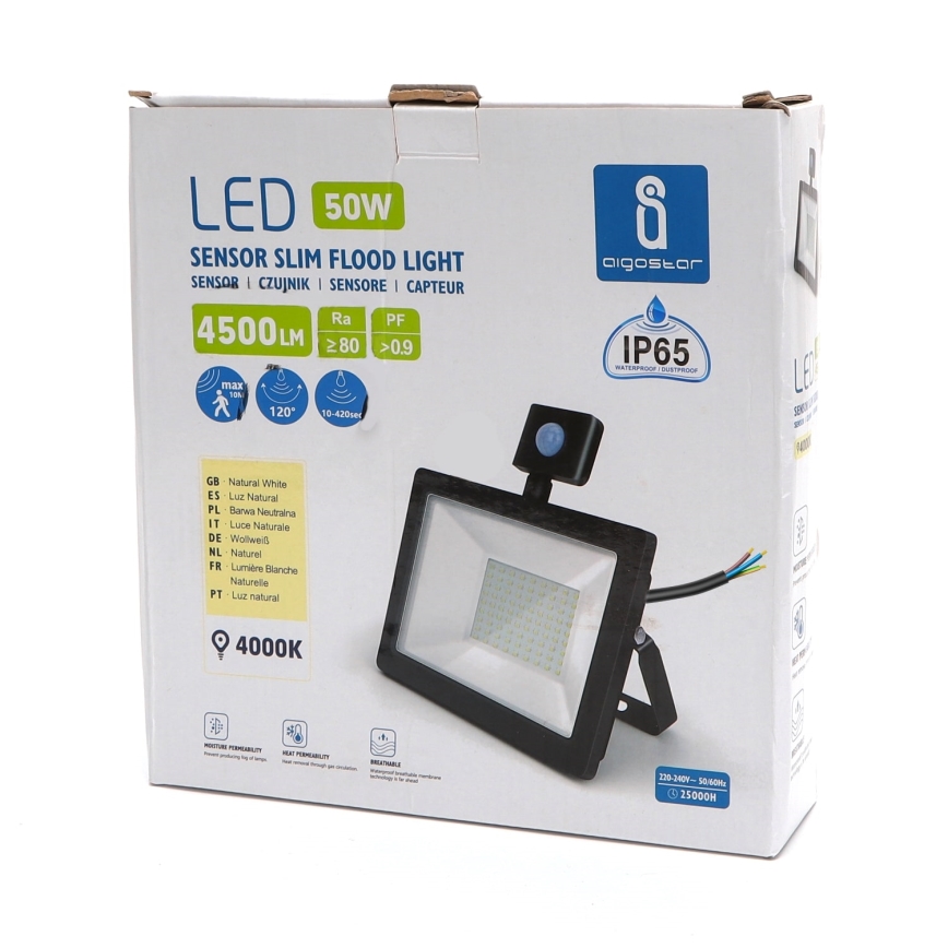 Aigostar - LED Reflektor se senzorem LED/50W/230V 4000K IP65 černá