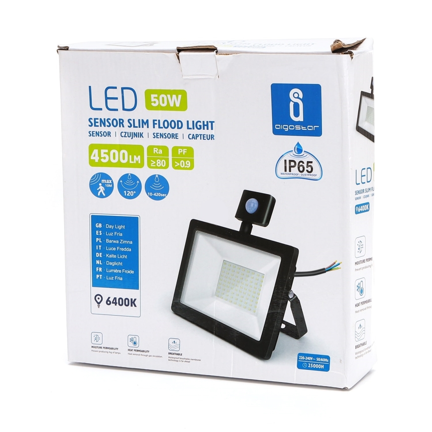 Aigostar - LED Reflektor se senzorem LED/50W/230V 6400K IP65 černá