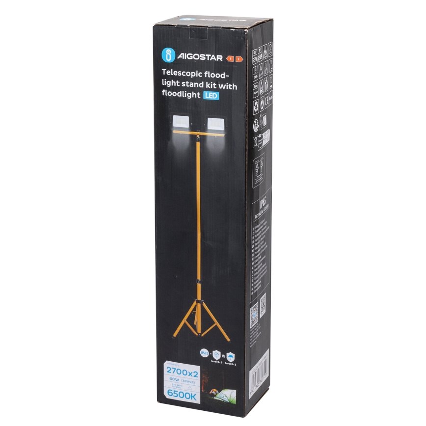 Aigostar - LED Reflektor se stojanem 2xLED/30W/230V 6500K IP65 oranžová/černá