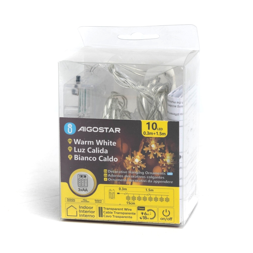 Aigostar - LED  řetěz 10xLED/3xAA 1,5m teplá bílá vločky