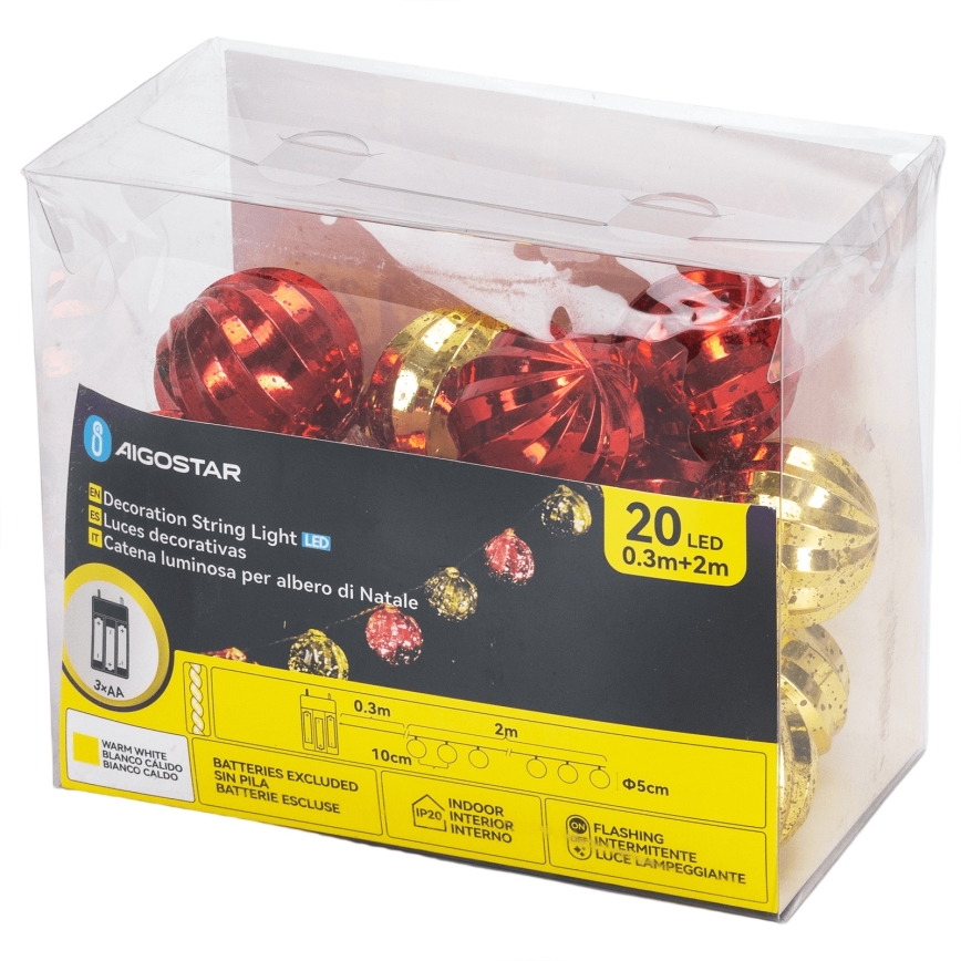 Aigostar - LED  řetěz 20xLED/3xAA 2 m teplá bílá