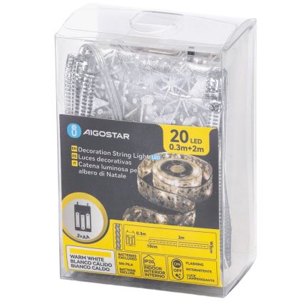 Aigostar - LED  řetěz 20xLED/3xAA 2 m teplá bílá stříbrná