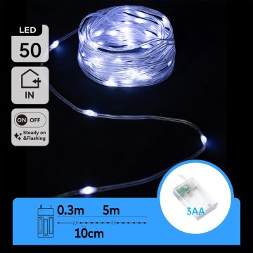 Aigostar - LED  řetěz 50xLED/3xAA 5,3m studená bílá