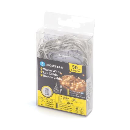 Aigostar - LED  řetěz 50xLED/3xAA 5,3m teplá bílá