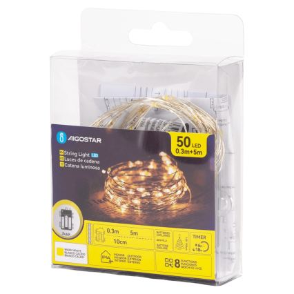 Aigostar - LED Venkovní řetěz 50xLED/8 funkcí 3xAA IP44 5,3 m teplá bílá