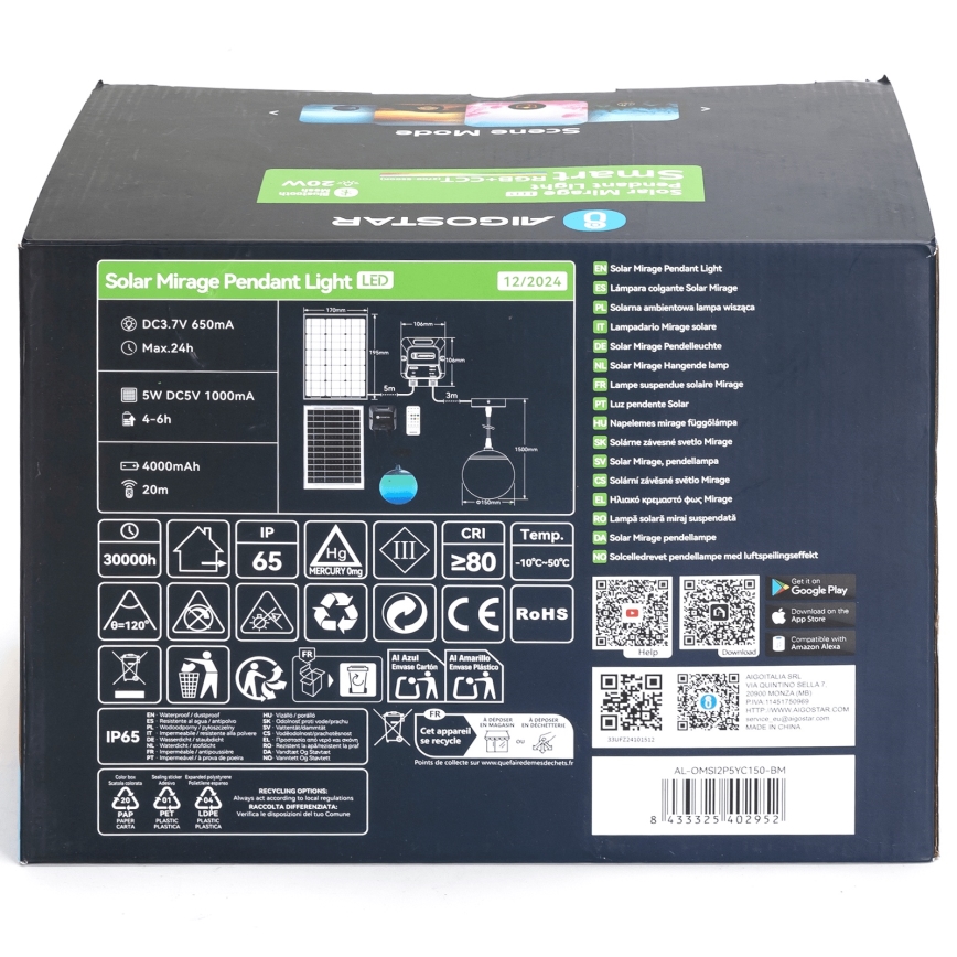 Aigostar - LED RGBW Stmívatelný solární lustr MESH LED/20W/3,7V 4000 mAh 2700K-6500K IP65 pr. 15 cm