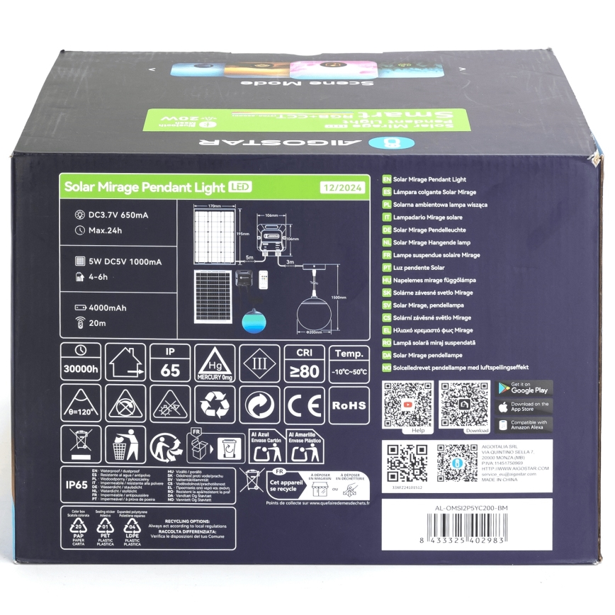 Aigostar - LED RGBW Stmívatelný solární lustr MESH LED/20W/3,7V 4000 mAh 2700K-6500K IP65 pr. 20 cm