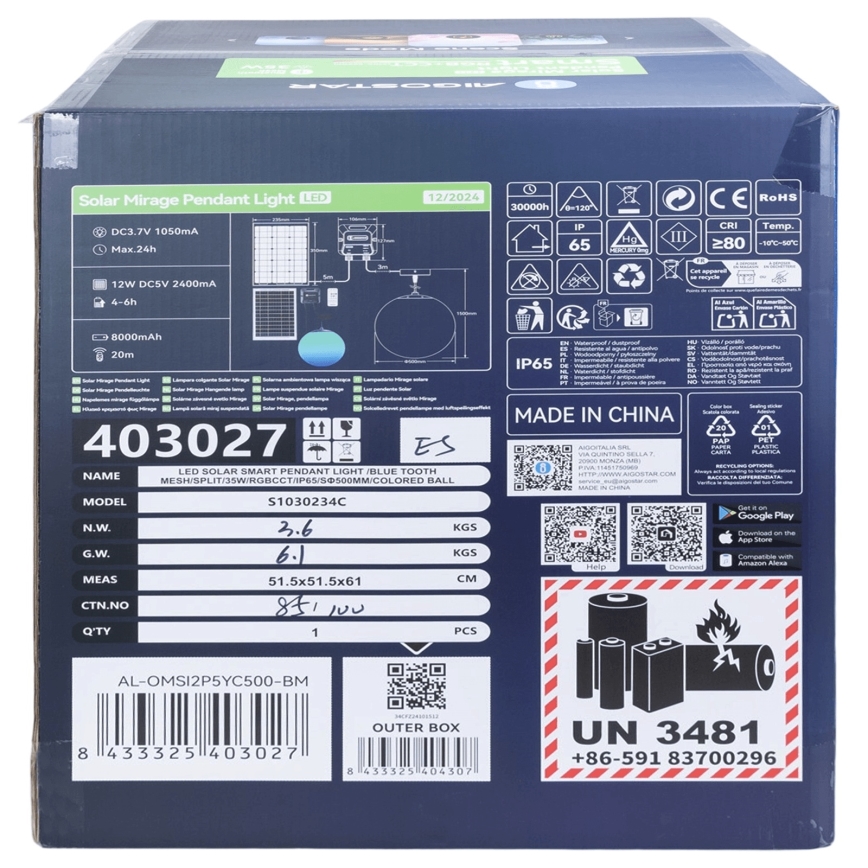 Aigostar - LED RGBW Stmívatelný solární lustr MESH LED/35W/3,7V 8000 mAh 2700K-6500K IP65 pr. 50 cm