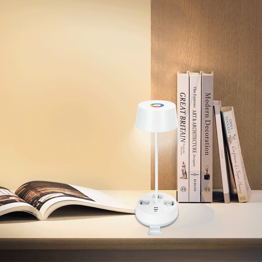 Aigostar - LED RGBW Stmívatelná stolní lampa se zásuvkami a USB LED/4,6W/230V 3000/4000/6500K bílá