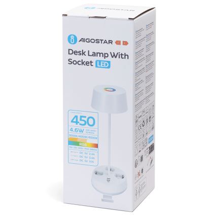 Aigostar - LED RGBW Stmívatelná stolní lampa se zásuvkami a USB LED/4,6W/230V 3000/4000/6500K bílá