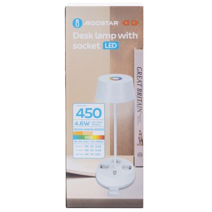 Aigostar - LED RGBW Stmívatelná stolní lampa se zásuvkami a USB LED/4,6W/230V 3000/4000/6500K bílá