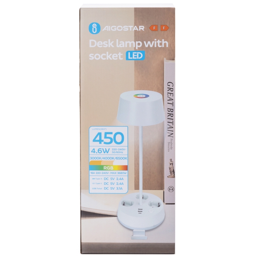 Aigostar - LED RGBW Stmívatelná stolní lampa se zásuvkami a USB LED/4,6W/230V 3000/4000/6500K bílá