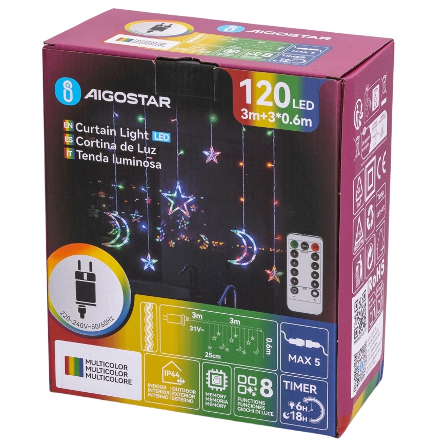Aigostar - LED RGBY Venkovní vánoční řetěz 120xLED/8 funkcí 3x0,6m IP44 multicolor + dálkové ovládání