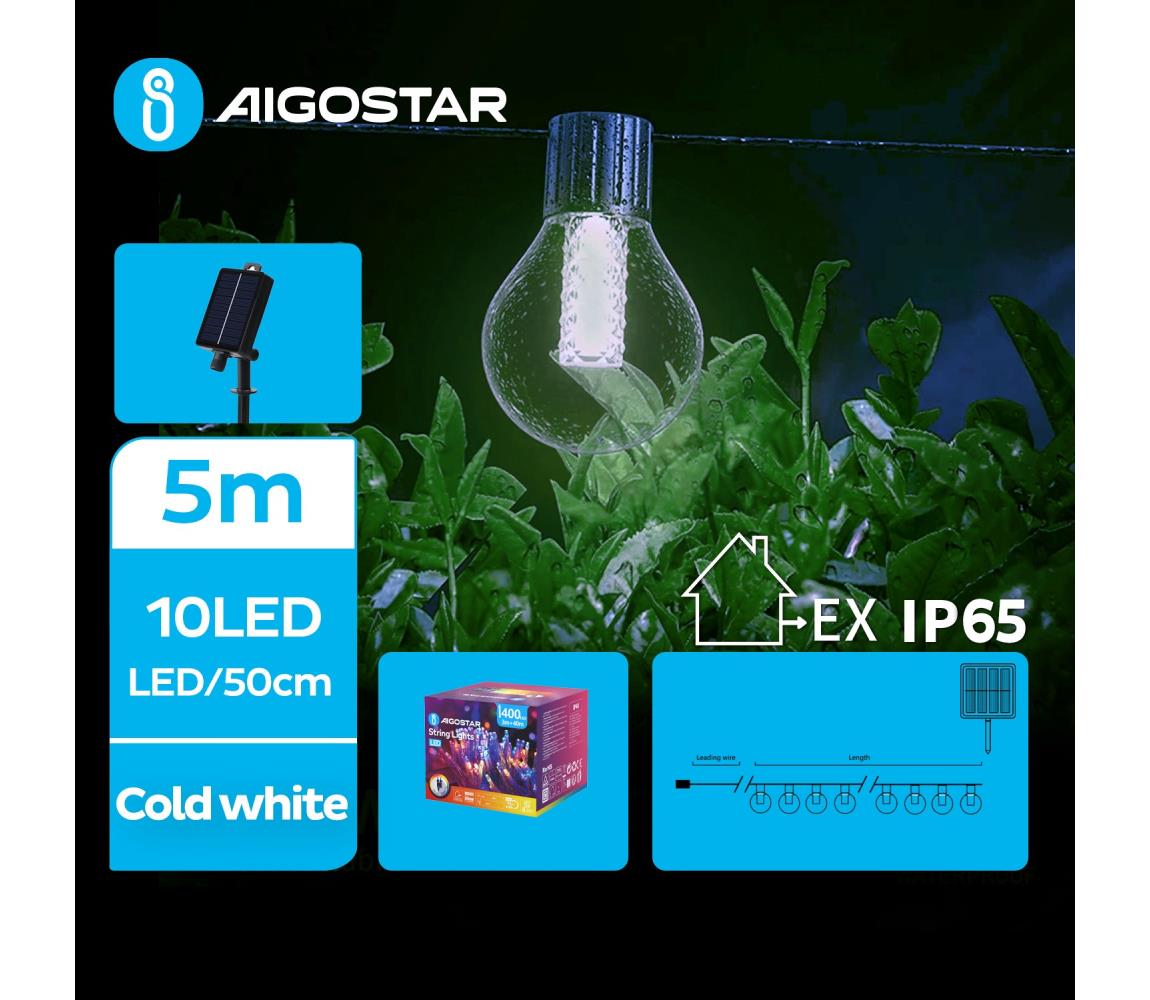 Aigostar B.V. Aigostar - LED Solární dekorační řetěz 10xLED/8 funkcí 5,5m IP65 studená bílá AI0955