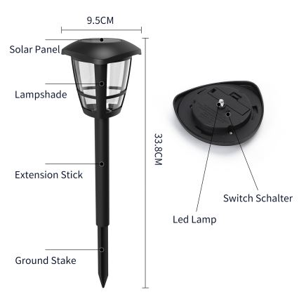 Aigostar - LED Solární lampa LED/0,06W/2V 100 mAh 33,8 cm 6500K IP44 černá
