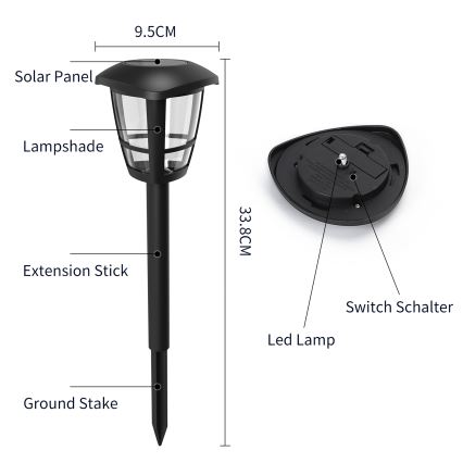 Aigostar - LED Solární lampa LED/0,06W/2V 33,8 cm 6500K IP44 černá