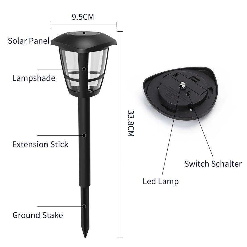 Aigostar - LED Solární lampa LED/0,06W/2V 100 mAh 33,8 cm 6500K IP44 černá