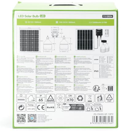 Aigostar - LED Solární lustr 2xLED/70W/12V 12000 mAh 6500K pr. 12 cm + dálkové ovládání