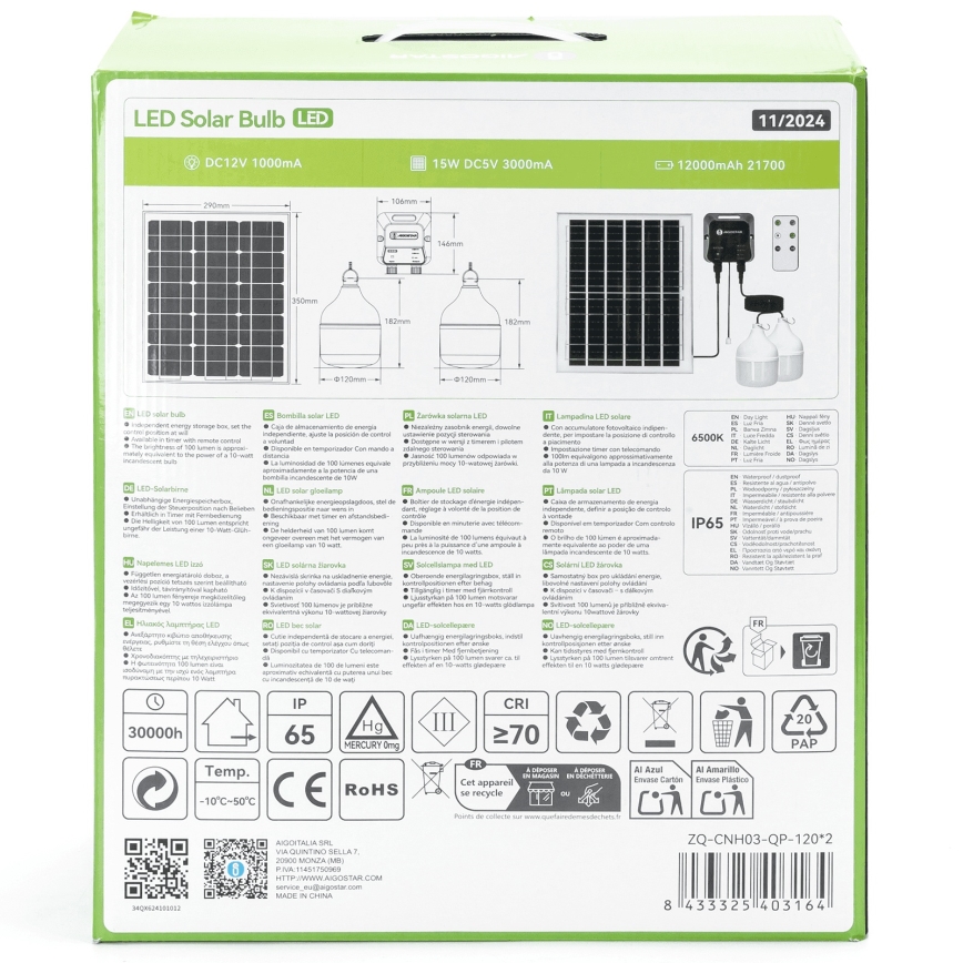 Aigostar - LED Solární lustr 2xLED/70W/12V 12000 mAh 6500K pr. 12 cm + dálkové ovládání