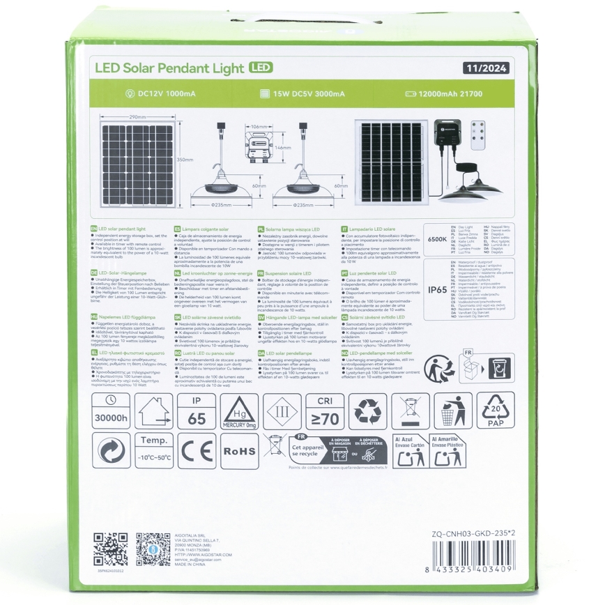 Aigostar - LED Solární lustr 2xLED/70W/12V 12000 mAh 6500K pr. 23,5 cm + dálkové ovládání