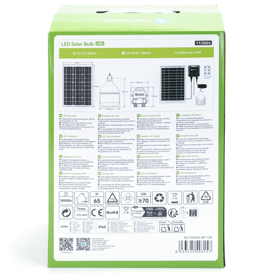 Aigostar - LED Solární lustr LED/70W/12V 6000 mAh 6500K pr. 12 cm + dálkové ovládání