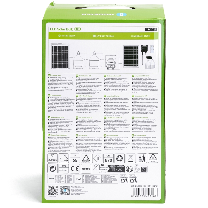 Aigostar - LED Solární lustr se senzorem 2xLED/35W/12V 6000 mAh 6500K pr. 10 cm + dálkové ovládání