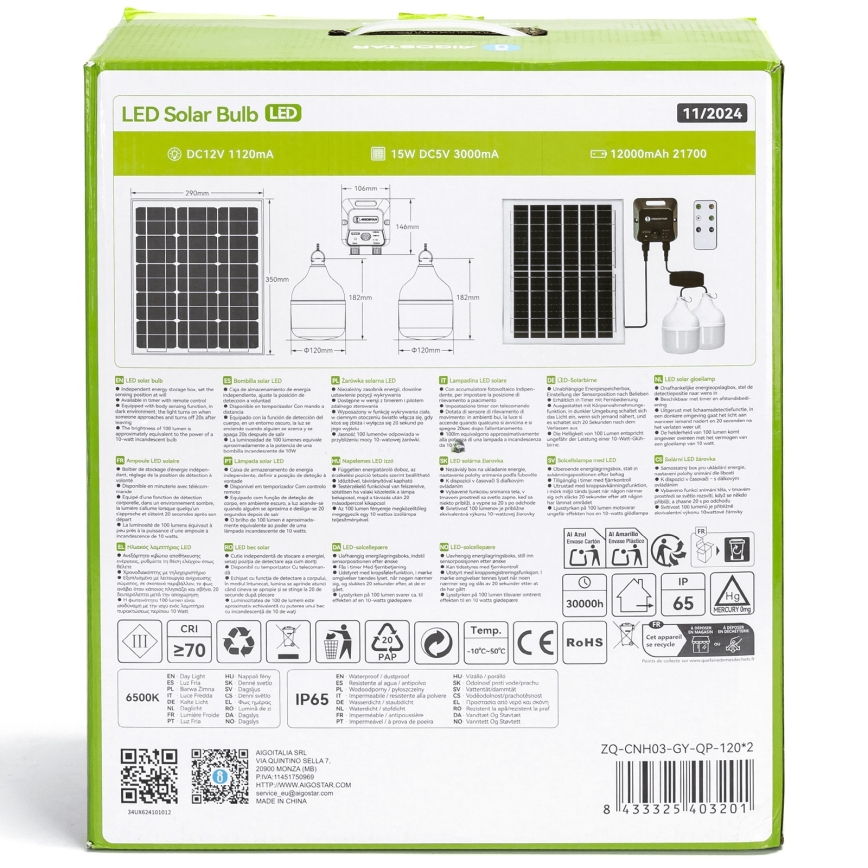 Aigostar - LED Solární lustr se senzorem 2xLED/70W/12V 12000 mAh 6500K pr. 12 cm + dálkové ovládání
