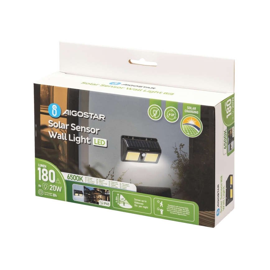 Aigostar - LED Solární nástěnné svítidlo se senzorem LED/20W/5,5V 2400 mAh 6500K IP65