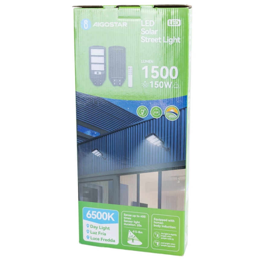 Aigostar - LED Solární pouliční lampa se senzorem LED/150W/3,2V 8000mAh IP65 6500K + dálkové ovládání