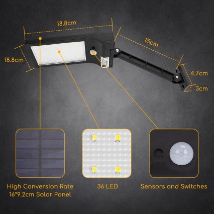 Aigostar - LED Solární pouliční lampa se senzorem LED/2,3W/5,5V 1800 mAh IP65